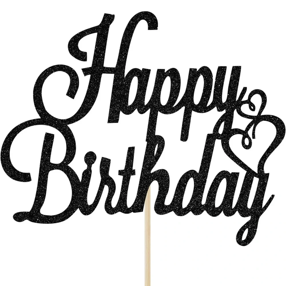 Black Glitter Happy Birthday Cake Topper, Birthday Party Decorations